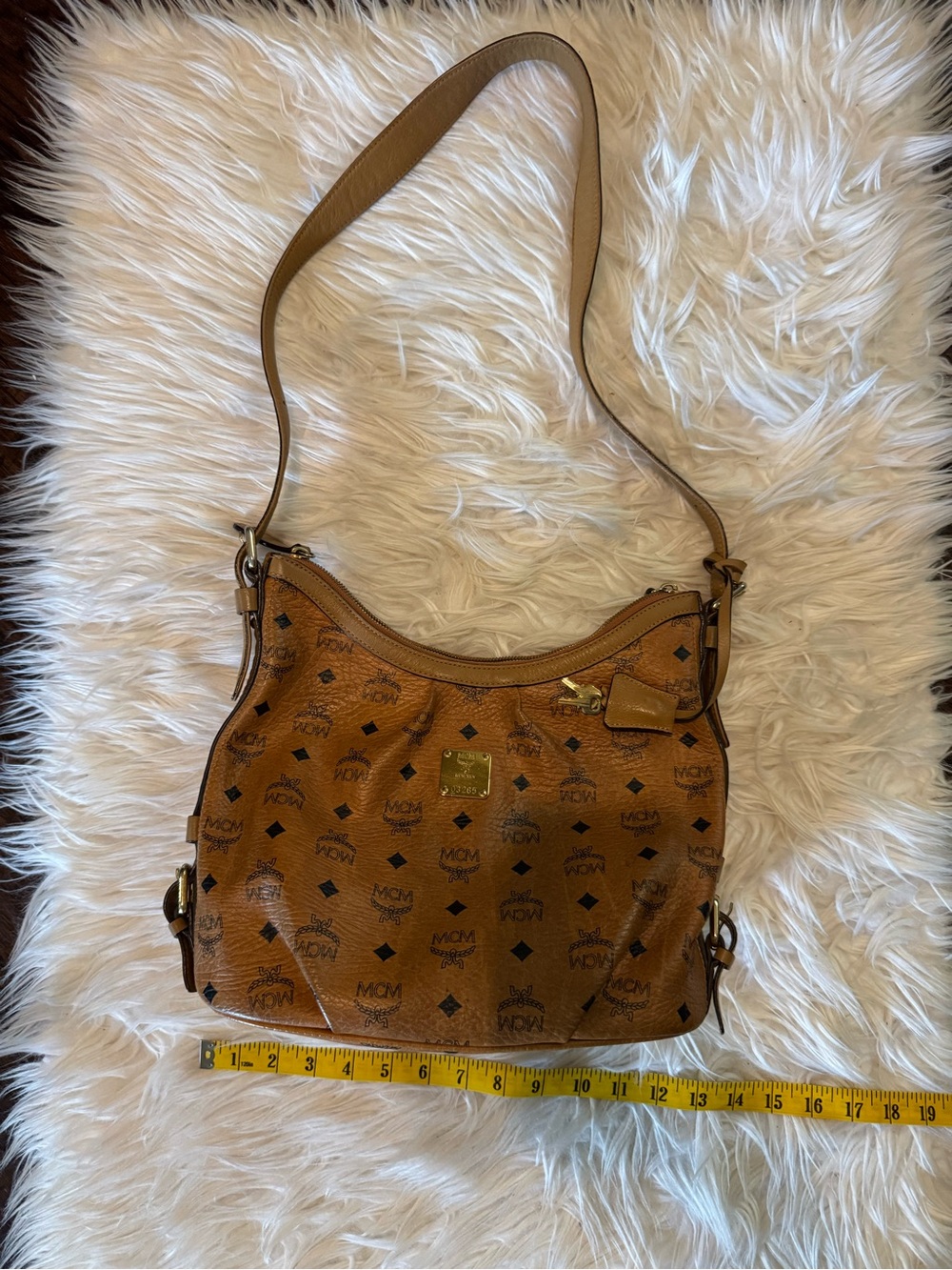 MCM Cognac Visetos Logo Shoulder Bag with Gold Plaque